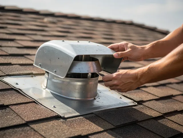 Wayland Dryer Vent Cleaning certified technician safely cleaning a roof-mounted dryer vent in Wayland