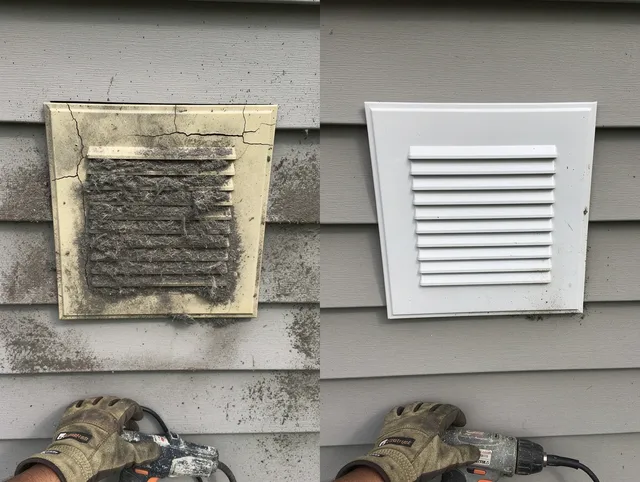 Wayland Dryer Vent Cleaning technician installing high-quality dryer vent cover at a residential property in Wayland