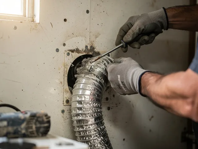 Wayland Dryer Vent Cleaning technician performing precise dryer vent hose installation in Wayland
